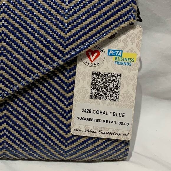 Urban Expression Blue/cream herringbone Clutch with gold chain strap vegan, NWT - Picture 11 of 12